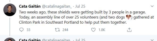 2/For starters, none of this is spontaneous.Note that many protestors have shields. These shields take 3 hours each to make and are created by a group of 25 volunteers working all day. You don't do that spontaneously. It takes planning.(link below) https://twitter.com/catalinagaitan_/status/1287218058277216256?s=20