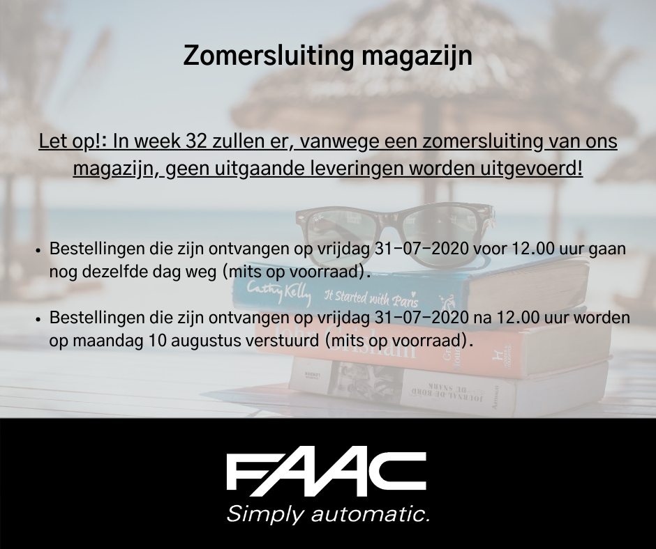 Zomersluiting magazijn | In week 32 gaat ons magazijn een weekje dicht en zullen er geen uitgaande leveringen zijn.
Wilt u voor deze tijd nog een bestelling plaatsen, lees dan onderstaande informatie even goed door.