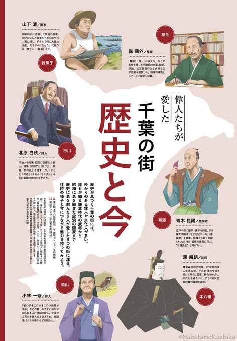 昨日のイチロー似顔絵に続きまして、前にやったSUUMOフリーペーパーの似顔絵のお仕事です。千葉にまつわる偉人たちです。割と小さいカットなので、タッチも調整してます。 