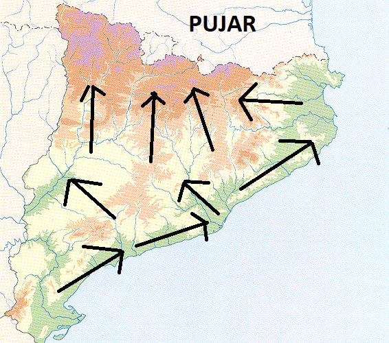 AJEnric's tweet photo. Veig que l'ús de "pujar" i "baixar" per als desplaçaments geogràfics dins de Catalunya produeix certa confusió.
Jo baixo a Reus i pujo a Barcelona.

He intentat fer un mapa de com ho entenc: https://t.co/BFWgbBBoQC
