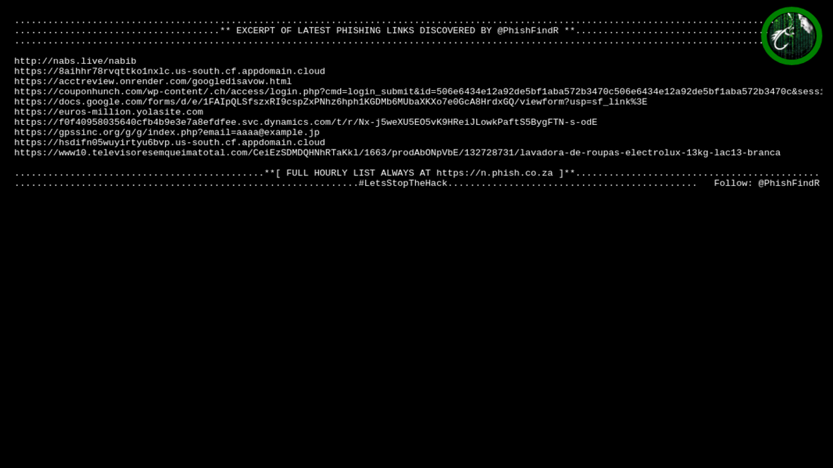 PhishFindR's tweet photo. 🎣 PhishFindR Found: 
10 NEW #Phishing #links 🔗
@ 12:11:50 > https://t.co/MhQZhs76kS

🔗 Found Today: 518 > https://t.co/Ff8Di77OyV
2020-07-27 🦈

#cybersec #cybersecurity #infosec #malware #dataviz #datamunching https://t.co/qqbsxp3gMS