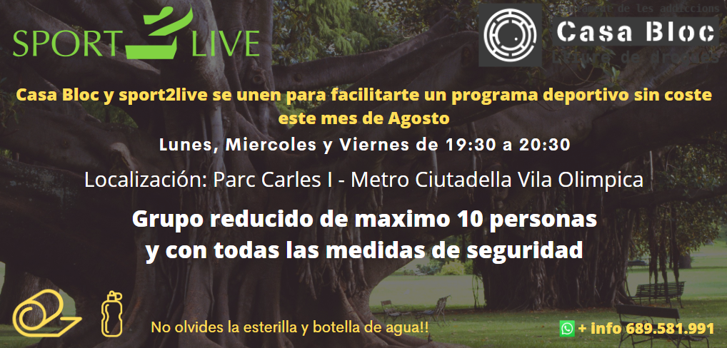 casa_bloc's tweet photo. Aquest agost no et quedis sense fer esport. Com a usuari de casabloc, pots participar en aquesta activitat!!!
Este agosto no te quedes sin hacer deporte. Como usuario de Casabloc, puedes participar en esta actividad!!!
#casabloc #tratamientoadicciones #librededrogas https://t.co/NCWj2kWVf9