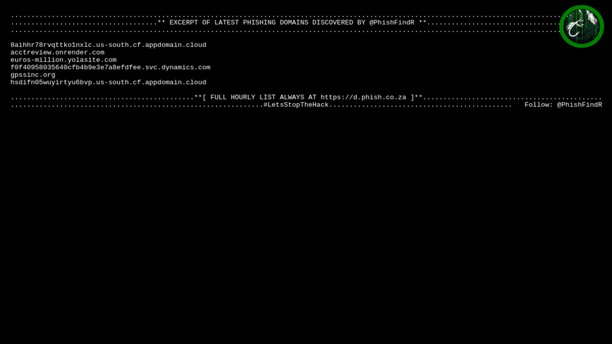 PhishFindR's tweet photo. 🎣 PhishFindR Found:
6 NEW #Phishing #Domains 🌐
@ 12:13:09 > https://t.co/D0bPPArRxa

🌐 Found Today: 248 > https://t.co/D0bPPArRxa
2020-07-27 🦈

#cybersec #cybersecurity #infosec #malware #dataviz #datamunching https://t.co/leXaKnrx1Q