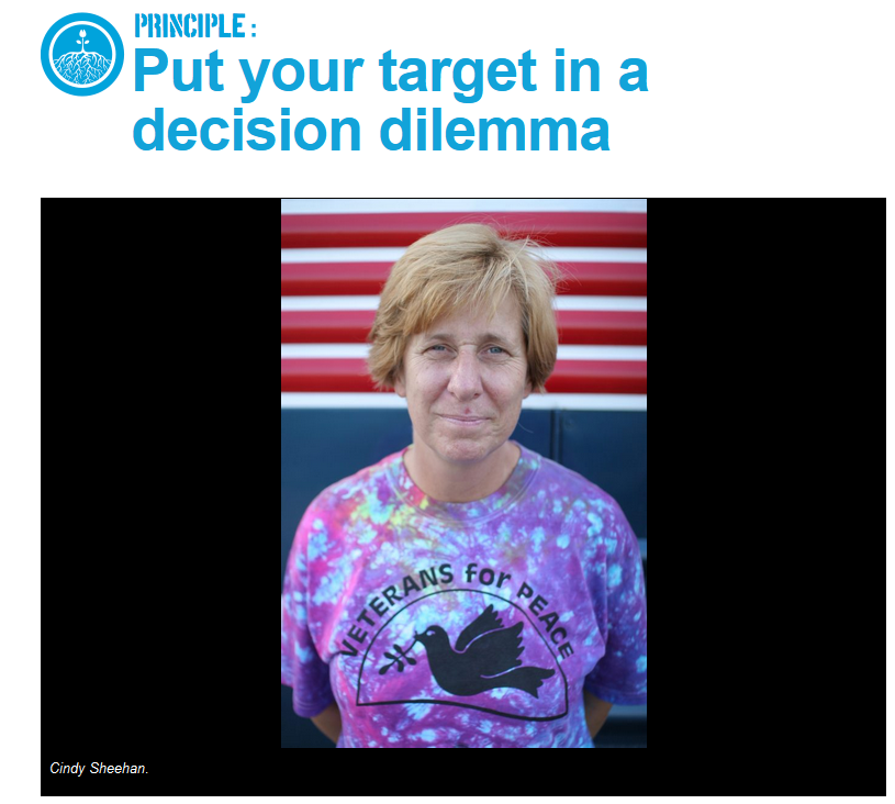 4/The first strategy is to put their target in a "decision dilemma." This is where they select a method of protest that leaves the person with no good options. No matter how the target reacts they look bad.  https://beautifultrouble.org/principle/put-your-target-in-a-decision-dilemma/