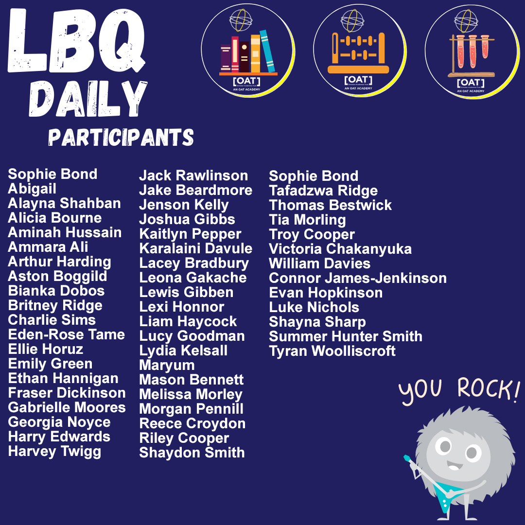 OMAStoke's tweet photo. LBQ WINNERS - Week 3
Well done to everyone who took part in the LbQ sessions last week!
Remember, you have to be in it to win it!
The more you take part, the more chances you have of winning.
#LearningbyQuestions #OrmistonAcads https://t.co/PbimOuXS01