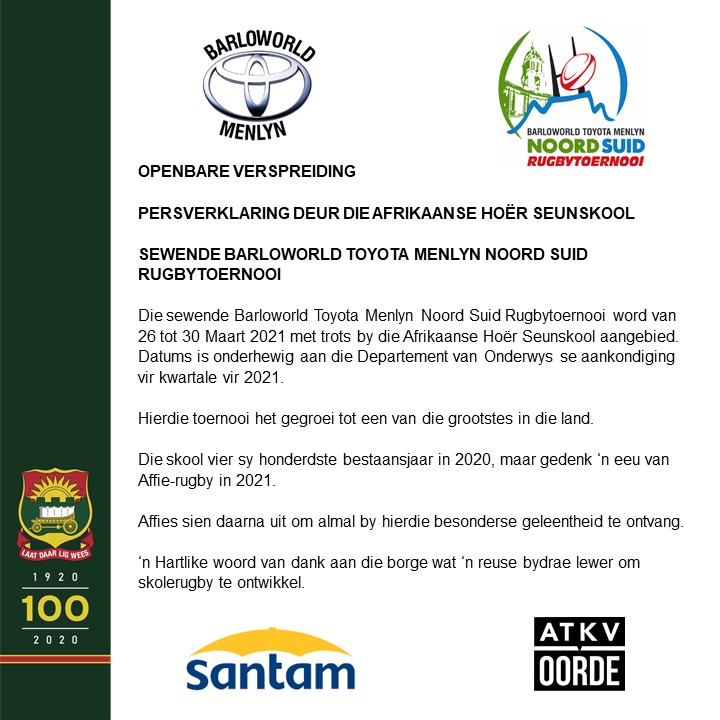 AHS1920's tweet photo. AFFIE-RUGBY

Die Barloworld Toyota Menlyn Noord Suid Rugbytoernooi word van 26 tot 30 Maart 2021 met trots by die Afrikaanse Hoër Seunskool aangebied. Datums is onderhewig aan die Departement van Onderwys se aankondiging vir kwartale vir 2021.

#AffieRugby
#LaatDaarLigWees https://t.co/pKQbKXQQL1