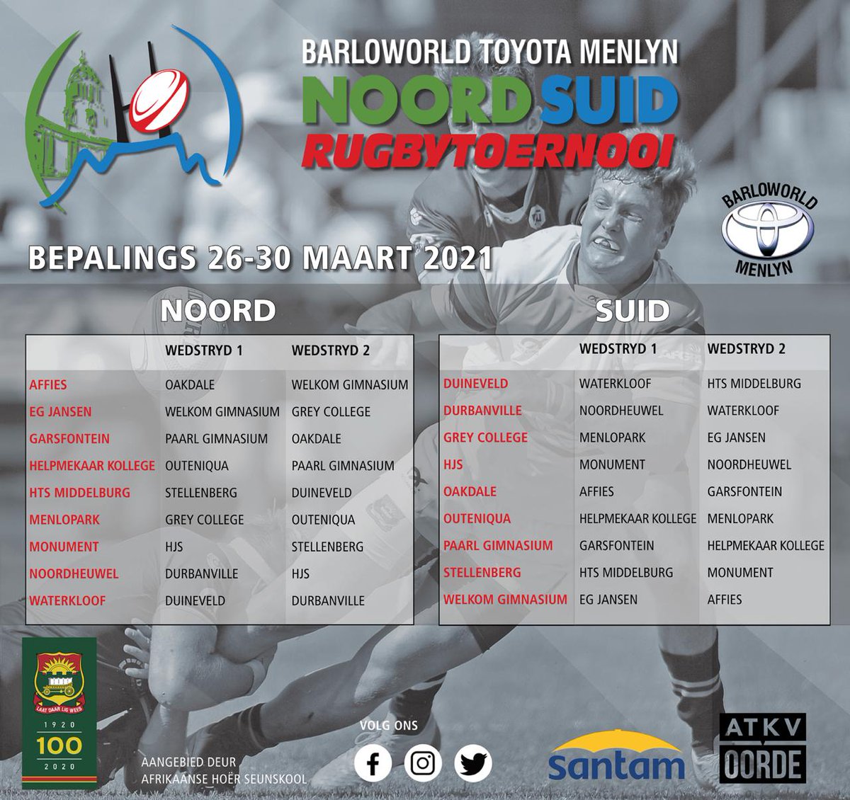 AHS1920's tweet photo. AFFIE-RUGBY

Die Barloworld Toyota Menlyn Noord Suid Rugbytoernooi word van 26 tot 30 Maart 2021 met trots by die Afrikaanse Hoër Seunskool aangebied. Datums is onderhewig aan die Departement van Onderwys se aankondiging vir kwartale vir 2021.

#AffieRugby
#LaatDaarLigWees https://t.co/pKQbKXQQL1