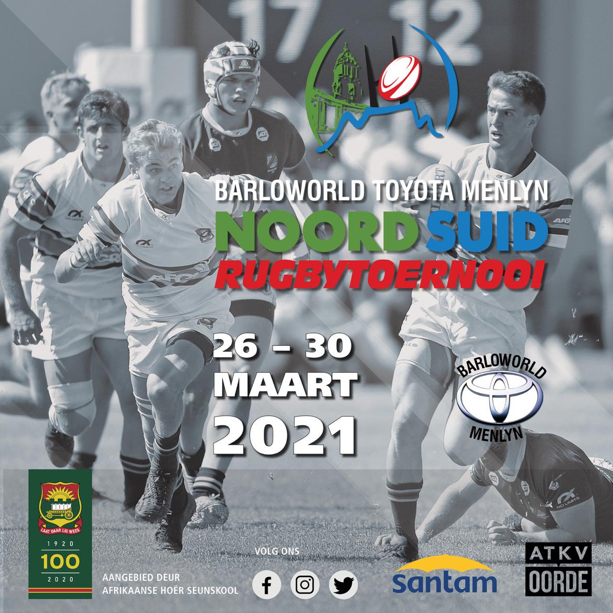 AHS1920's tweet photo. AFFIE-RUGBY

Die Barloworld Toyota Menlyn Noord Suid Rugbytoernooi word van 26 tot 30 Maart 2021 met trots by die Afrikaanse Hoër Seunskool aangebied. Datums is onderhewig aan die Departement van Onderwys se aankondiging vir kwartale vir 2021.

#AffieRugby
#LaatDaarLigWees https://t.co/pKQbKXQQL1