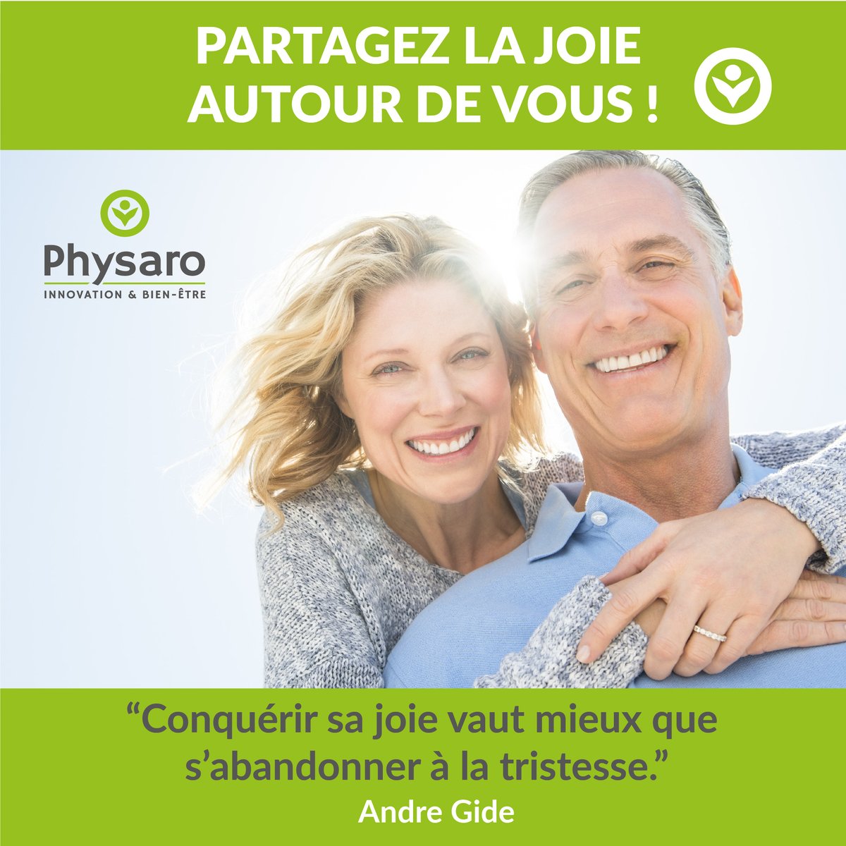 ✍️ " Conquérir sa joie vaut mieux que s’abandonner à la tristesse. ~Andre Gide" 

🍀Passez une excellente semaine et partagez  la joie 🤩autour de vous  ❗#PHYSARO #BienEtre #Sante