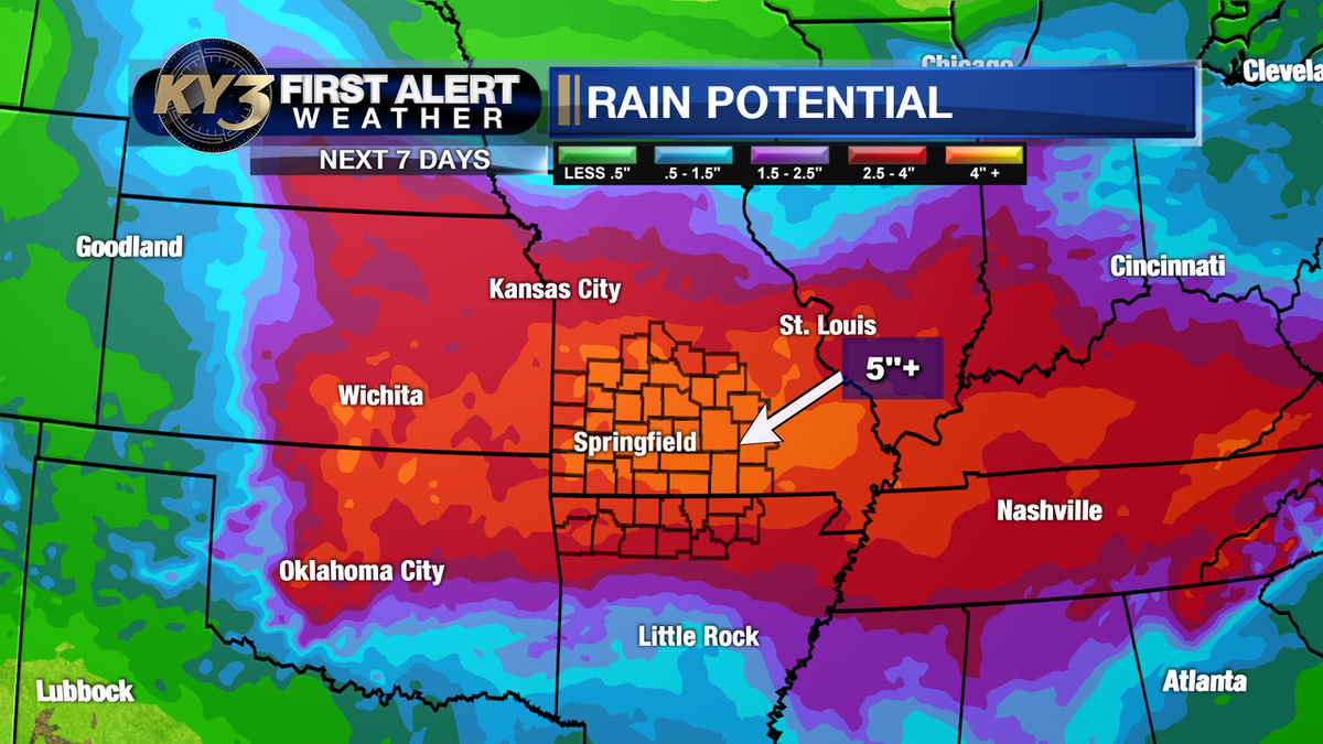 brandonbeckky3's tweet image. FIRST ALERT WEATHER:  Oh boy, this could be a heck of a turn-around compared to recent hot/dry weather.  A meandering front and tropical-like moisture will lead to the chance of multiple rounds of storms this week.  Rain totals may top 5" in spots by the end of the week! #Ozarks