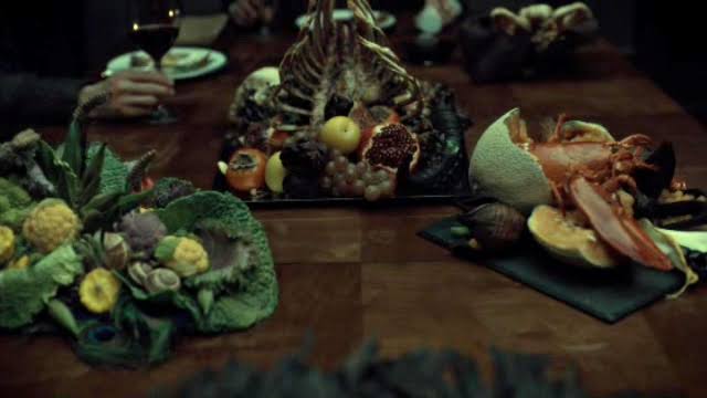 hannibal's table (like hannibal himself) is rich and opulent - beauty and luxury hiding decay and death. ripe and rotting fruit side by side, bones and flowers littered across it all. like memento mori you are being invited to question your very mortality with every meal