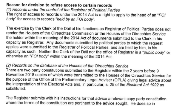 One of our longest running cases involves an attempt to access records held by the Registrar of Political Parties. The Registrar - who is the Clerk of the Dáil and a state employee - claimed he was not subject to the FOI Act:
