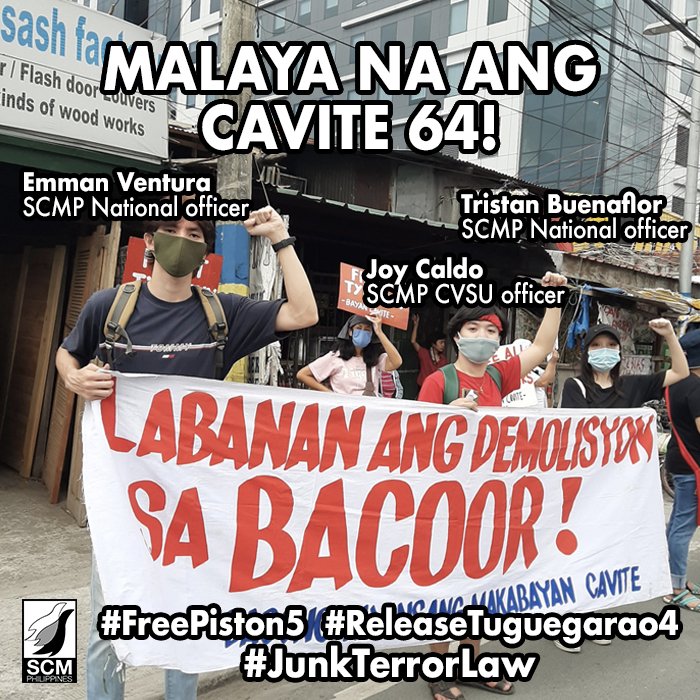 SCMPhilippines's tweet photo. Patapos na kami sa pubmat na ito, pero nakatanggap kami ng mabuting balita:

MALAYA NA ANG CAVITE 64!

Patuloy nating ipanalangin at ipanawagan ang pagpapalaya #ReleaseTuguegarao4 #FreePiston5

antabay sa mga dagdag detalye https://t.co/InZzJvBLR7