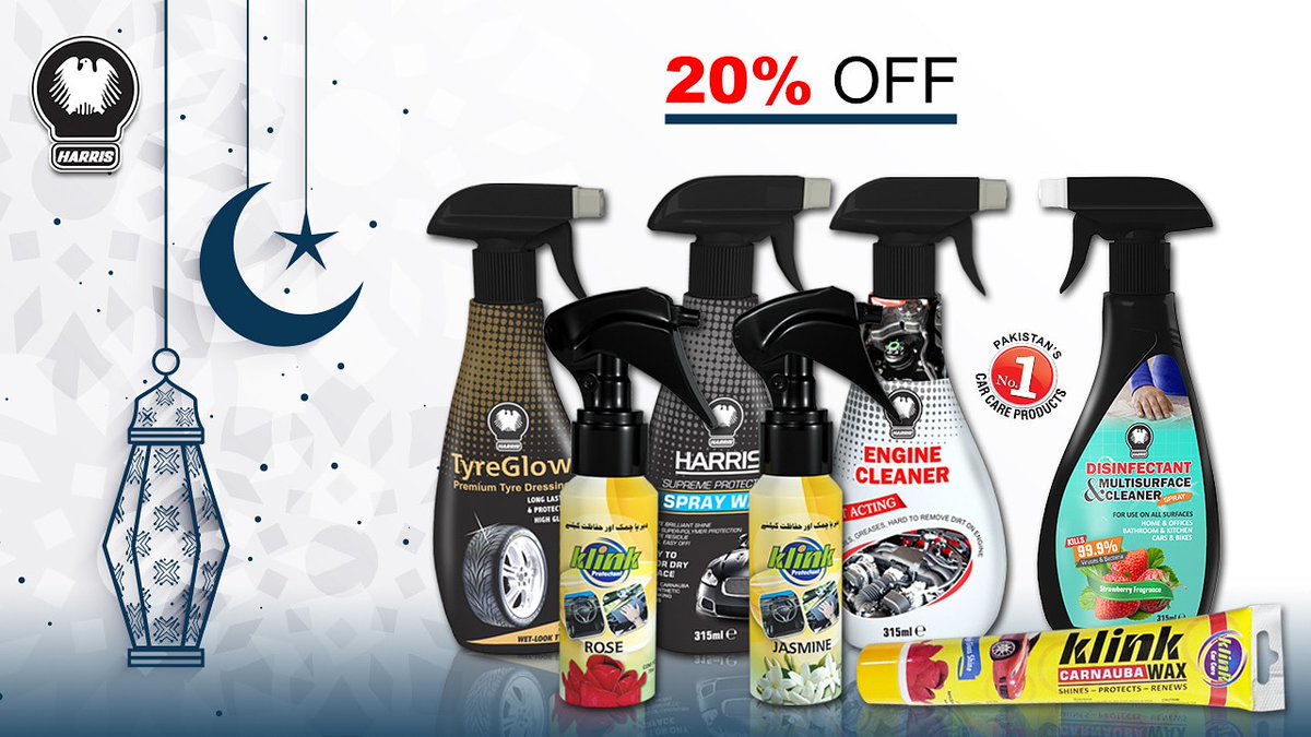harriscarcare's tweet photo. 20% DISCOUNT + FREE SHIPPING!
Eid Bundle 2020 NOW Rs. 1652/- ✔ (Retail Price Rs. 2064/- ❌)
1x Spray wax 315ml
1x Tyre Glow 315ml
1x Engine Cleaner 315ml
1x Disinfectant &amp; multisurface cleaner 315ml
2x Klink protectant 70ml
1x Carnauba wax tube
#EidAlAdha #EidSale #HarrisCarCare https://t.co/C0cNI8rUXC