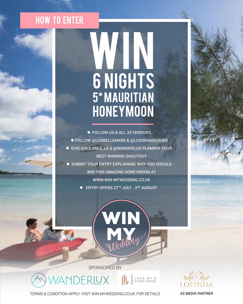 WinMyWedding1's tweet photo. Our #mauritian #honeymoon #giveaway is now OPEN! Worth over £20k! 

It couldn’t be easier to enter! You have 7 days only. Don’t miss out! #honeymoonofalifetime #givingback #winmywedding 

Thanks to our vendors giving back during covid 
#flierdesign by @elledeecreations https://t.co/oPEvXghANC