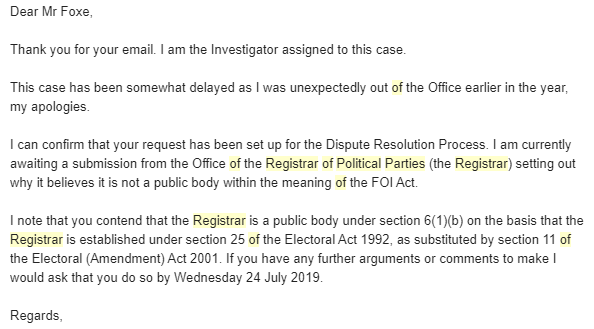 That same month, we appealed the case to the Information Commissioner. We believe it was absolutely clear that the Clerk/Registrar were subject to the FOI Act. They referred it - as they're supposed to - to the Department of Public Expenditure for dispute resolution: