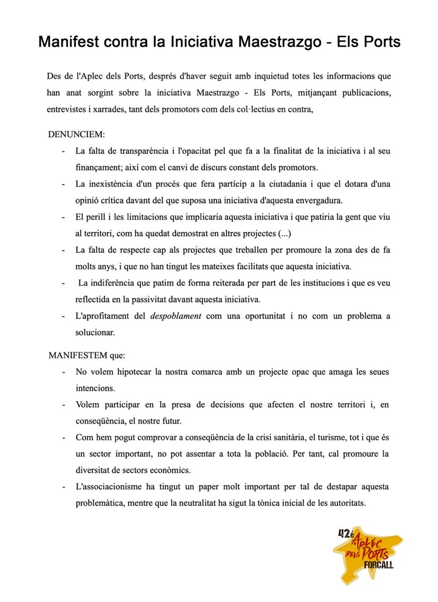 AplecdelsPorts's tweet photo. Després d'aquest cap de setmana volem publicar el manifest en contra de la iniciativa Maestrazgo - Els Ports. Moltes gràcies aplequers i aplequeres pel vostre suport!
#aplecdelsports #proaplec #ResistènciaContraLaIndiferència https://t.co/mGu7Abwmqy