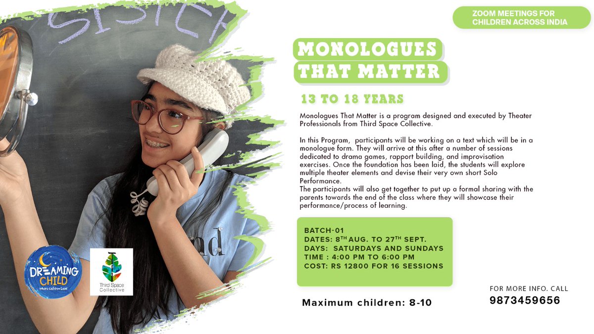 DreamingChild3's tweet photo. Monologues That Matter is a program designed and executed by Theater Professionals from Third Space Collective in collaboration with Dreaming Child. 

Enroll @9873459656
#theatreclasses #creativedrama #speech #freedom #learningthroghstories. https://t.co/25FYvthdsK