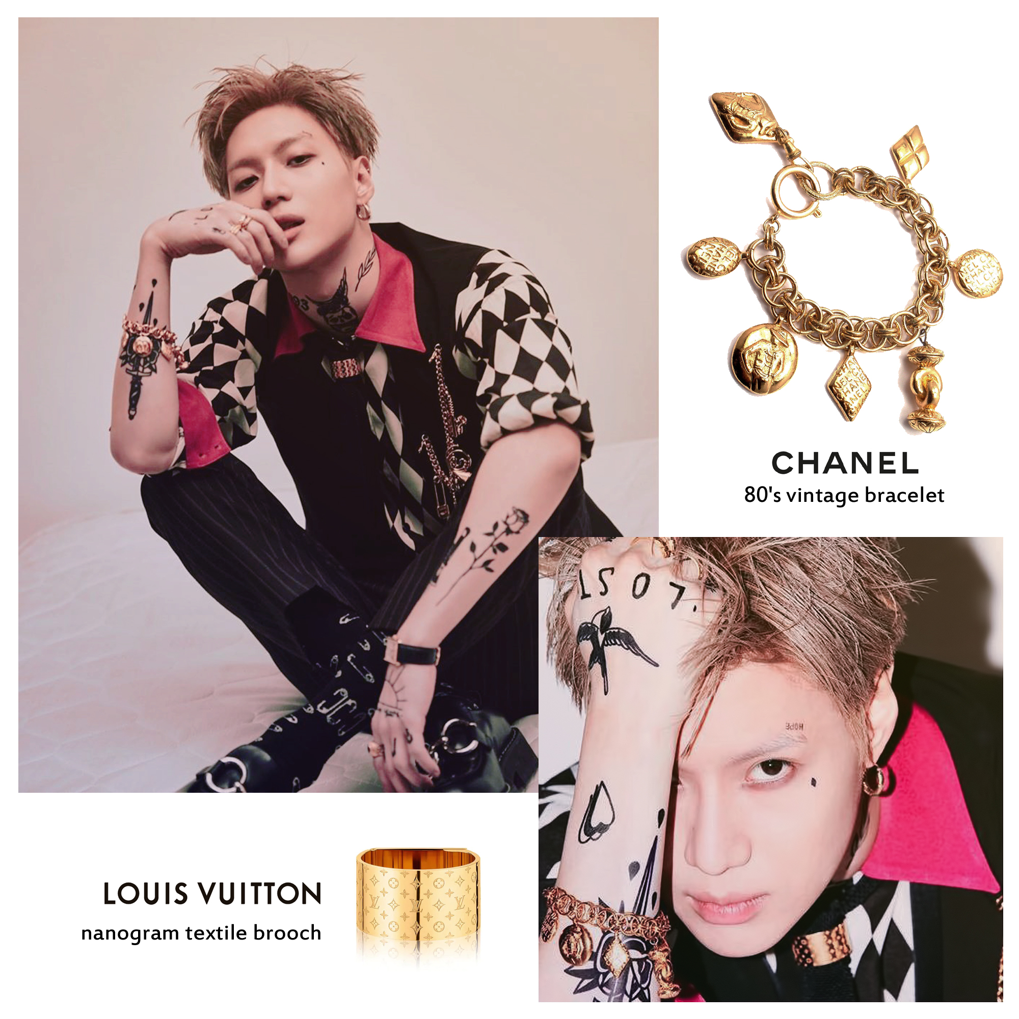 on X: ▶️ LOUIS VUITTON nanogram textile brooch ▶️ CHANEL 80's vintage  bracelet #TAEMIN #태민 @SHINee @LouisVuitton @CHANEL   / X