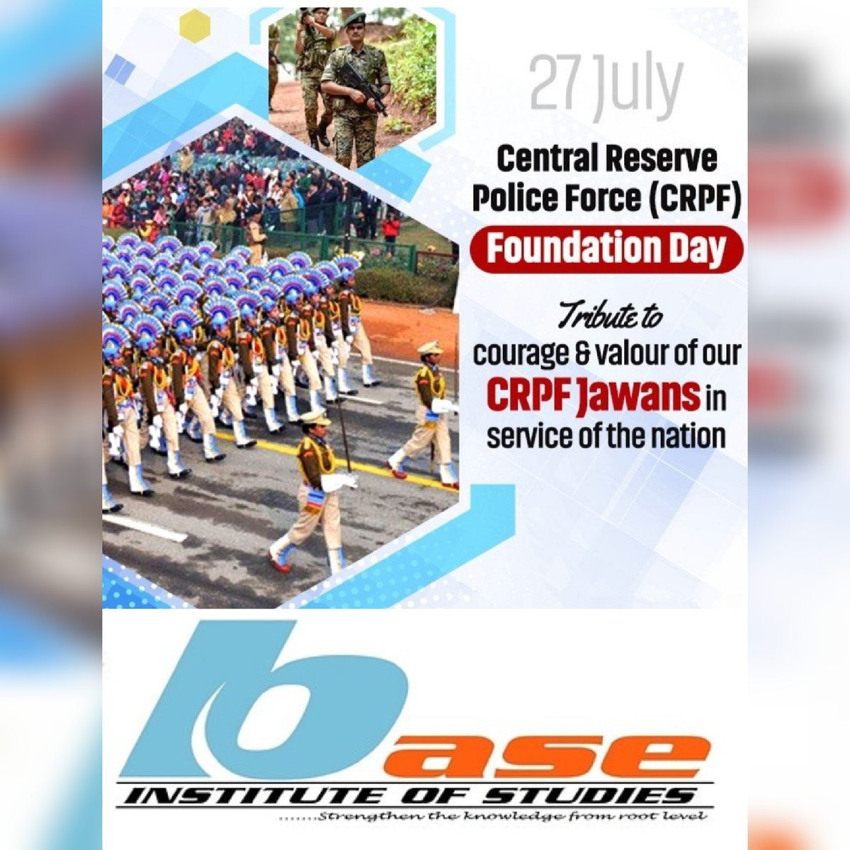 base_studies's tweet photo. Best wishes to @crpfindia on the occasion of #CRPF foundation day.
Salute the bravery, courage and dedication of these heros in the service of nation.
Jai Hind ๐ฎ๐ณ
#crpfraisingday
#BASEInstituteOfStudies #contactus #base_institute #gurgaon #coachinginstitute #onlinetutor https://t.co/5qQuEG3fv2