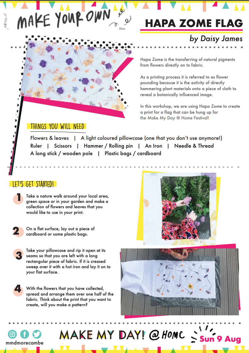 MMDMorecambe's tweet photo. Looking for something fun, free and creative to do this Summer! Hapa Zome Festival Flag workshop by Daisy James. 
Head over to our website to download the full pack: https://t.co/OKIEA2DVwB #makeyourown #HapaZome #FestivalFlag #Morecambe #artworkshop  #ArtIsForEveryone https://t.co/0IgdH9L5DY