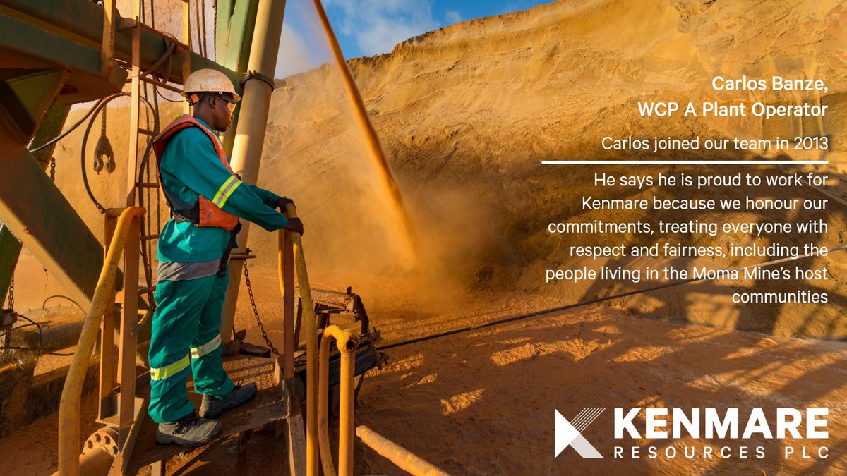 KenmareRes's tweet photo. Carlos Banze is a Plant Operator at Wet Concentrator Plant A. He says he is proud to work for $KMR because we treat everyone with respect and fairness, including the people living in the #Moma Mine’s host #communities in #Mozambique #teamkenmare #mining #mineralsands https://t.co/gZwVEow6sY