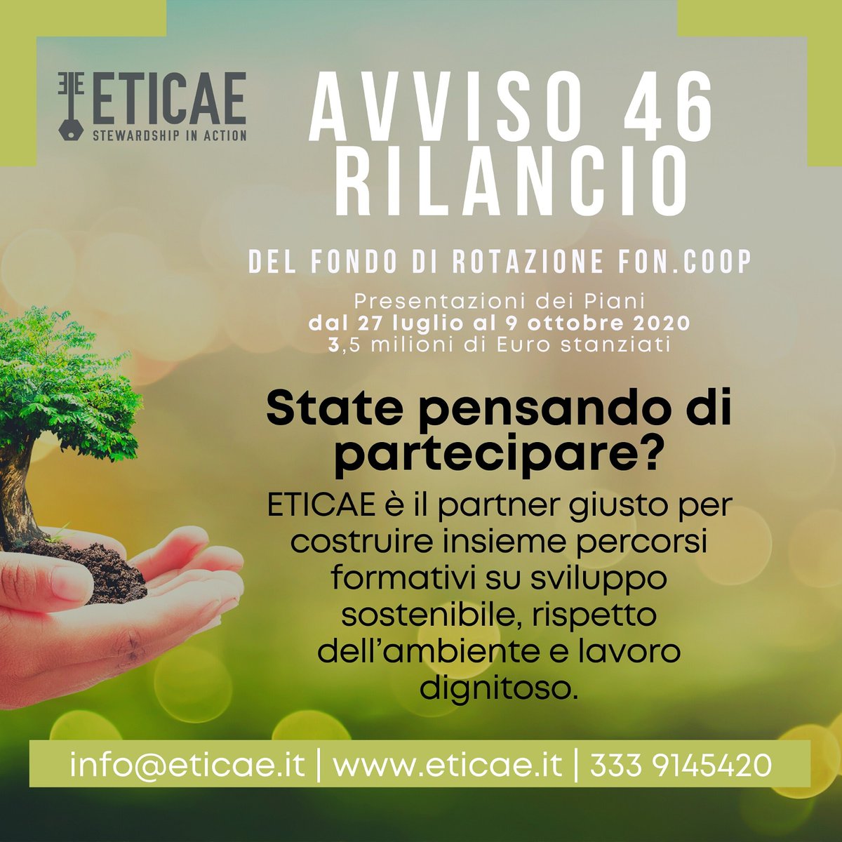 eticaesia's tweet photo. State pensando di partecipare all'avviso 46 Rilancio di #Foncoop?
@eticaesia è il partner giusto per progettare insieme piani dedicati alla #sostenibilità #svilupposostenibile #lavorodignitoso #rispettodellambiente
📧📞☎️📲 contattaci #formazione #eticae #cooperative #legacoop https://t.co/rj3Z5HG9HA