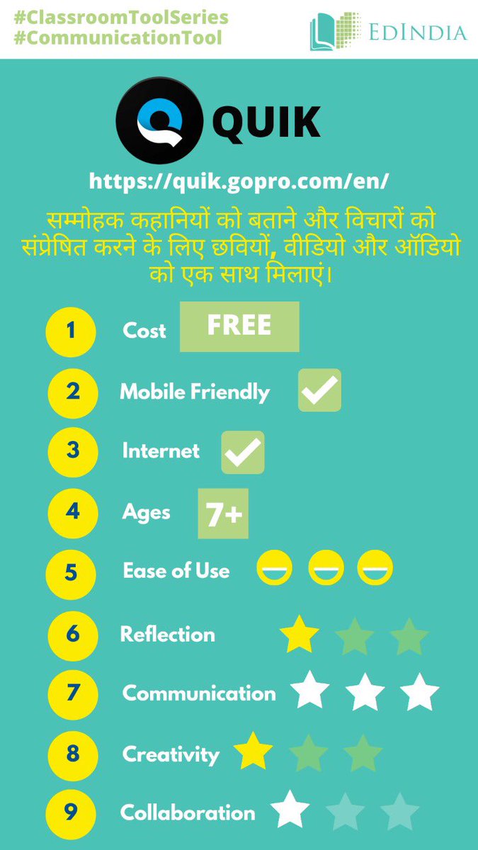 Edindia_EIF's tweet photo. #TeachingTool 5 :
In the #ClassroomToolsSeries for today, we present the Quik App. This is a #CommunicationTool through which you can quickly combine images, videos, and audio together to tell compelling stories and communicate ideas.
#edindia #onlineeducationplatform
@UNESCO https://t.co/AnLSjKwxcj