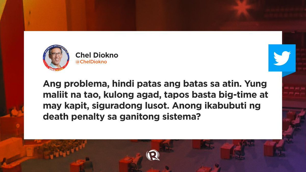 rapplerdotcom's tweet photo. “Hindi patas ang batas sa atin.”

After the President’s 5th SONA, Human rights lawyer and staunch admin critic Chel Diokno lambasts President Rodrigo Duterte’s plans to revive the death penalty in the Philippines for drug-related crimes. #SONA2020 https://t.co/IYfzS3Oxjk