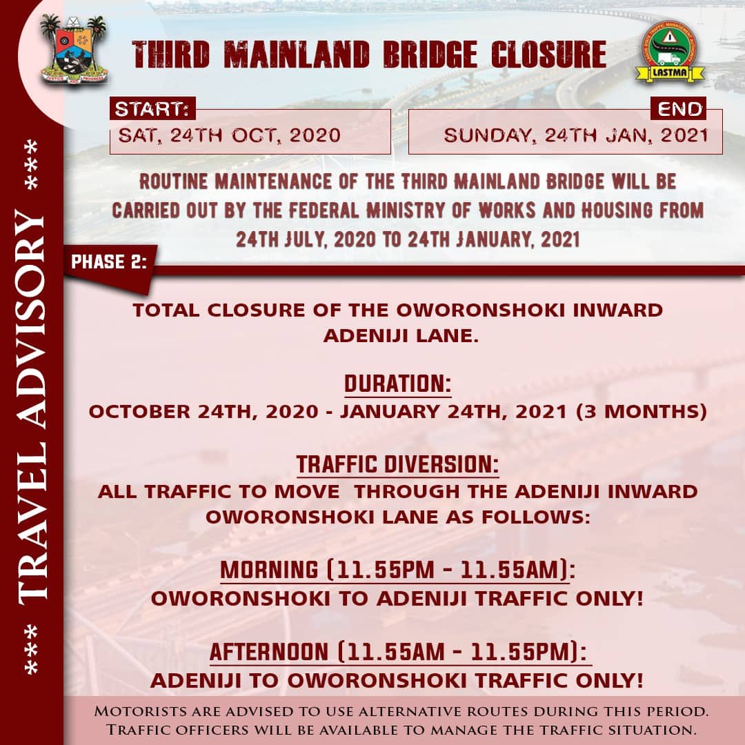 TheresaTekenah's tweet image. Lagosians, here's 👇 a schedule of the rehabilitation work being done by @followlasg on Third Mainland Bridge. 

Share your thoughts, reactions observations and other relevant information using the hashtag #NavigatingLagosTraffic