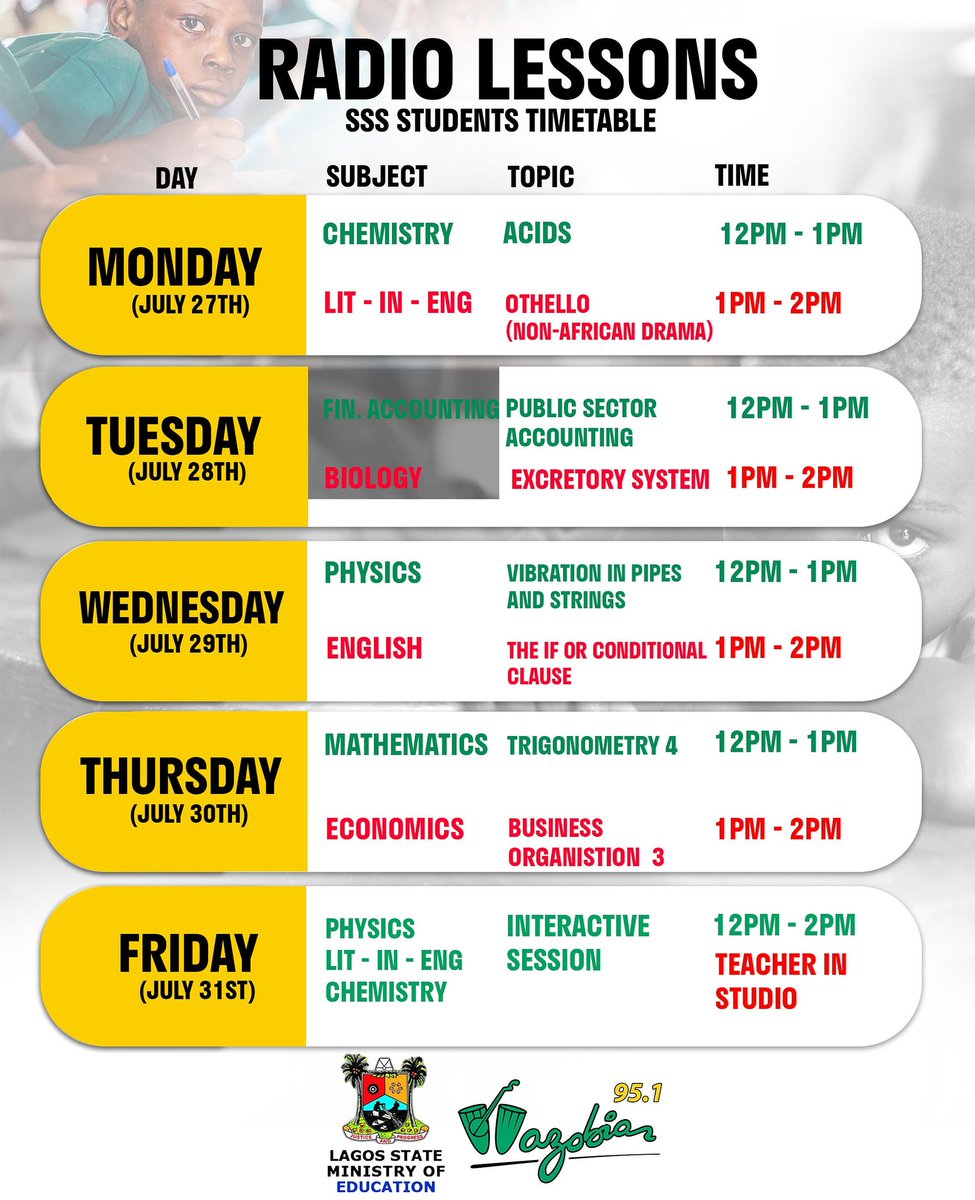 Wazobia_FM's tweet photo. THIS WEEK TIME TABLE FOR #RADIOLESSON
12noon -2pm @wazobiafmlagos / 2pm-4pm @wazobiatvng @wazobiamaxtv
@lagosstategovt @tatianaykk @lagoshceducation
#wazobiamax #wazobiafm #wazobiatvng #lagosschoolclosure #lagoslearnersprep #homeschooling #elearningdevelopment #WazobiaFM951 https://t.co/7fulpnZNx3