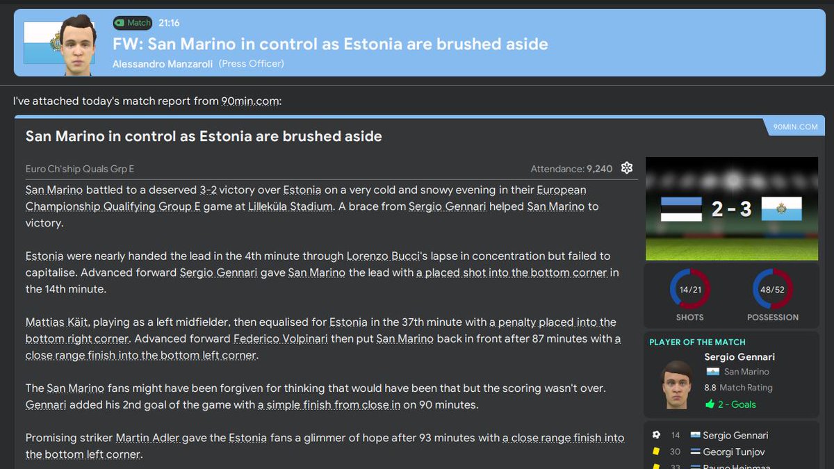A solid start to Euro 2032 qualifying with a win in Estonia before a good performance in defeat against France. Up next is a big pair of games home and away against Czech Republic - need a result there to give us a chance of 2nd place in the group...  #FM20