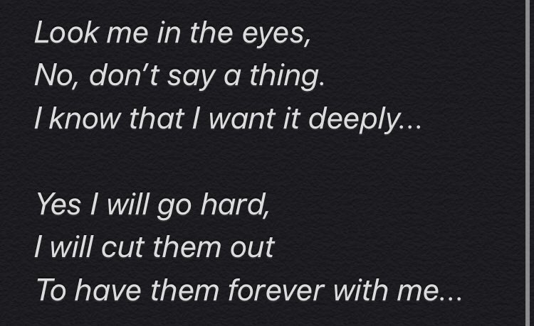 chichublinku's tweet photo. *IDEA FOR ROSIE’S SOLO*

The title track is going to be “Eyes”, a song about a girl who has gone mad, and what’s to cut out the beautiful eyes of her lover. 
The chorus &amp; the concept : https://t.co/HrN8QEIz7d