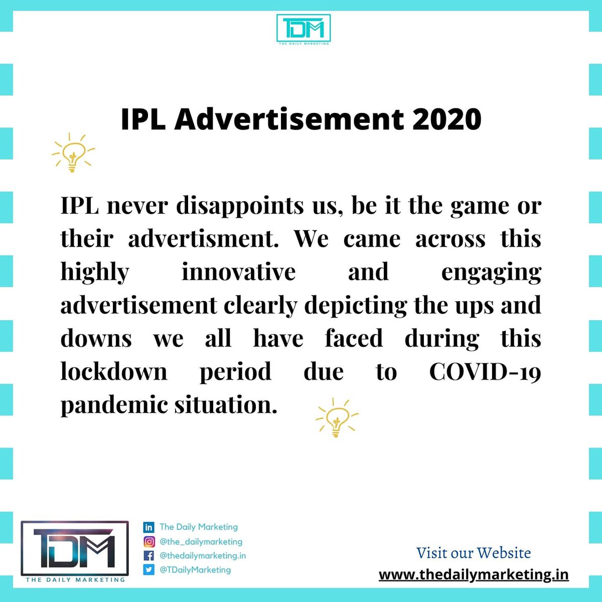 TDailyMarketing's tweet photo. IPL 2020 is on Fire. 🔥😃

#tdm #TheDailyMarketing #marketingmadesimple #ipl #ipl2020  #creativeadvertisement #covid19 #lockdown #marketing https://t.co/0O7S1mD1Y7