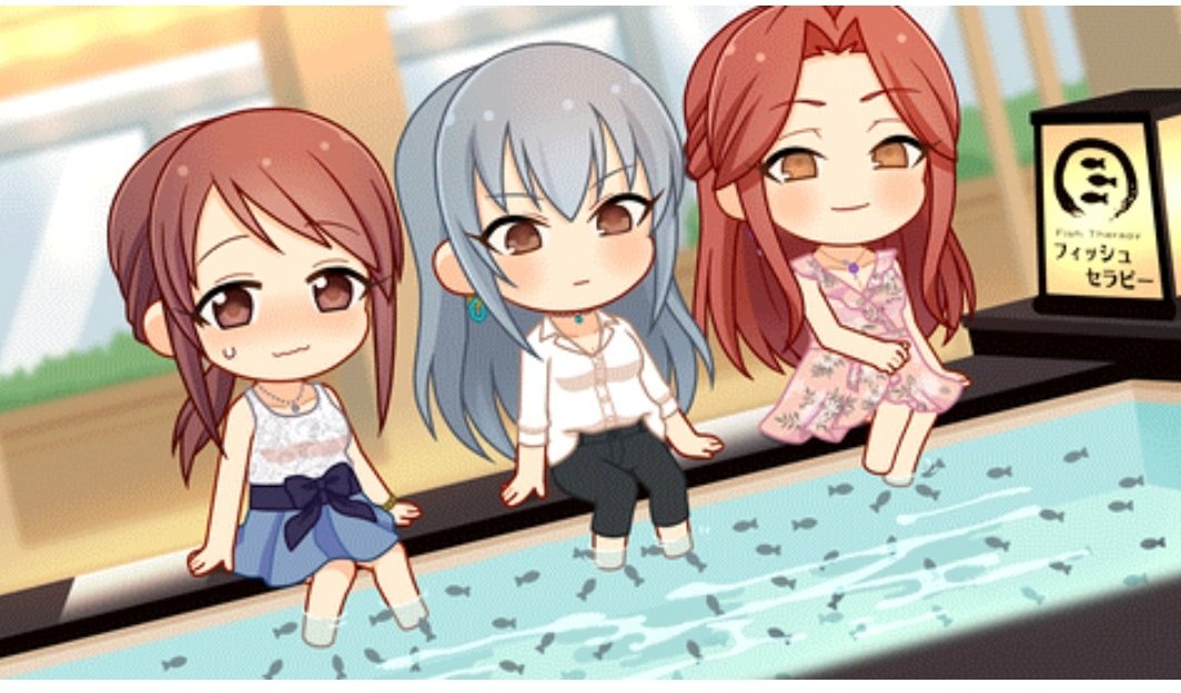 mifune miyu multiple girls 3girls soaking feet chibi shirt sitting brown eyes  illustration images