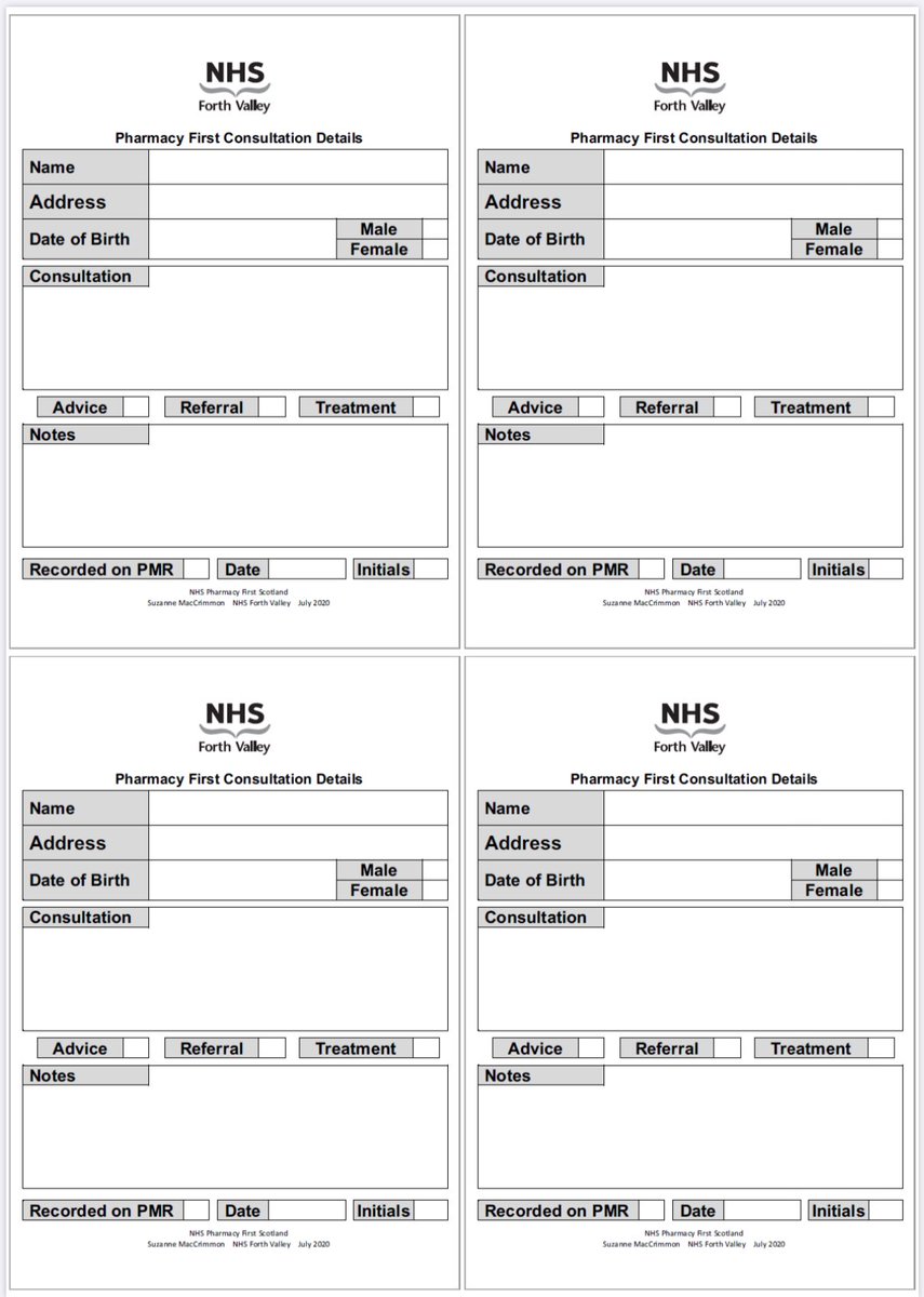2 x A6 NHS Pharmacy First Scotland consultation pads have been mailed to every @NHSForthValley community pharmacy, packed with love by me and @CassellsKirstin personally! Record your activity friends! Downloadable template also available on our website to print. #pharmacyfirst