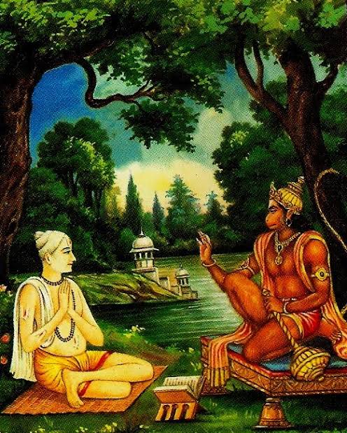 It’s said that he had seen Kaag bhusundi (crow from Ramayana story) near Mansarovar. Once again he reached Kashi. It's said that he met a ghost spirit who told him about the place where he could meet Hanuman Ji. When he met Hanuman Ji, he requested him for darshan of Shri Ram.