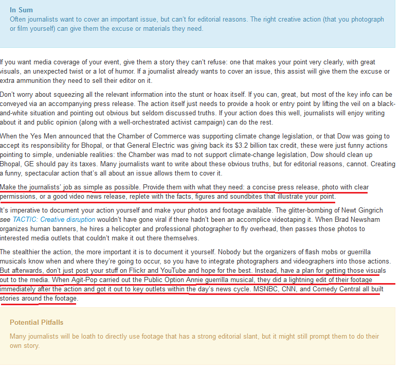 9/This next strategy is self-explanatory: "do the media's work for them." This is where activists make sure press releases and film footage that make them look good get into the hands of sympathetic journalists.This explains a lot of what gets on TV https://beautifultrouble.org/principle/do-the-medias-work-for-them/