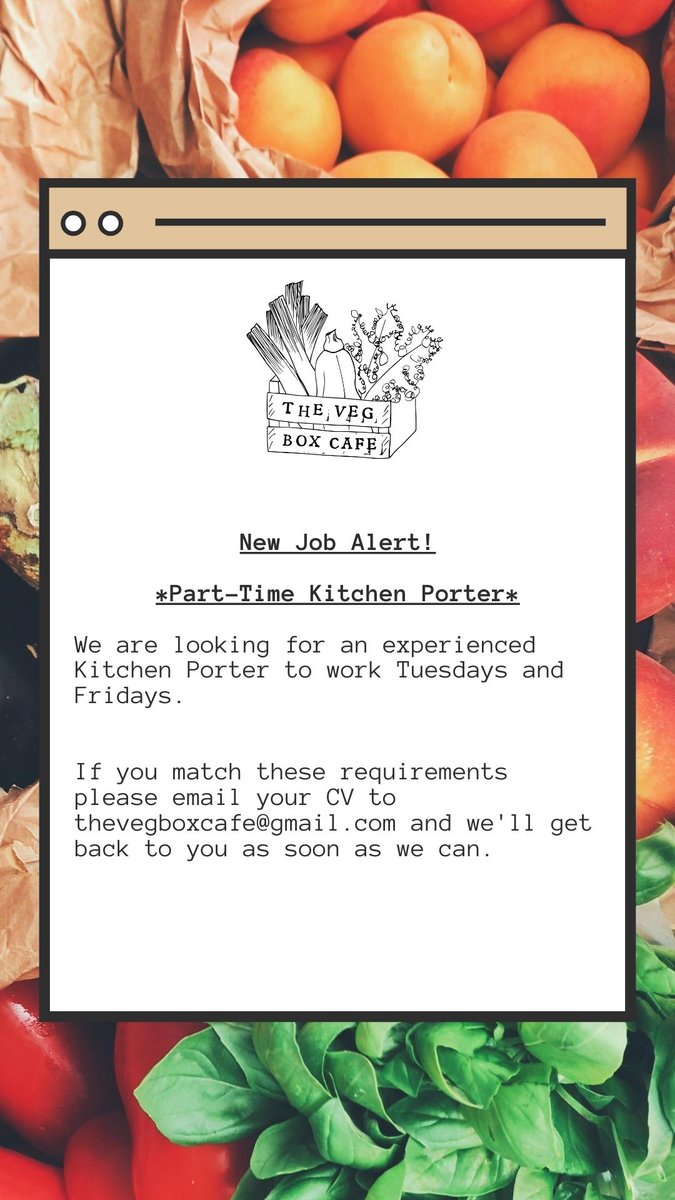 thevegboxcafe's tweet photo. 💚 NEW JOB ALERT💚

We are looking for an experienced Kitchen Porter to work Tuesdays and Fridays (6 Hours per day). 

If you match these requirements please email your CV to 
thevegboxcafe@gmail.com and we'll get back to you as soon as we can.

#JobOpportunity #Canterbury https://t.co/0pdBQhU8BR