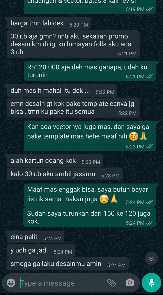 plastikmicin's tweet photo. Submisi:

1. Minta harga teman
2. Rasis
3. Nyumpahin dagangan gak laku
4. Kemudian ngeblock

Tidak ada yang lebih dajjal daripada ini https://t.co/WhR162xtHS