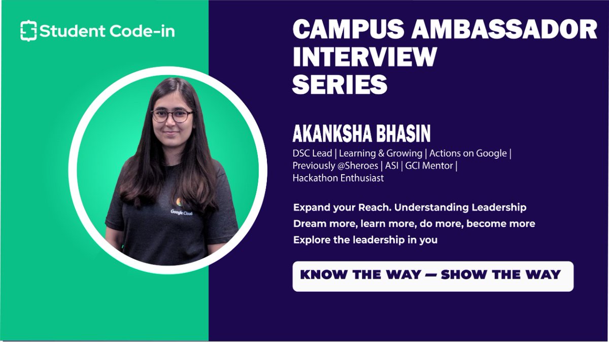 studentcodein's tweet photo. UNLOCKING LEADRSHIP WITH CAMPUS HEROS !!!

Here's bringing back yet another video from 
"Campus Ambassador interview Series-UNDERSTANDING LEADERSHIP"
Lighting up this session with her excellence as a DSC LEAD we have AKANKSHA BHASIN with us
Let's witness brilliance and perfection https://t.co/9GPKoOWBE2