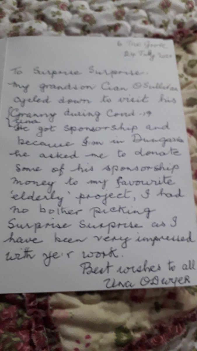 Dungarvan2018's tweet photo. Cian O'Sullivan cycled from his home in Dublin to see his Nan Una in Abbeyside , Dungarvan. 
Cian asked his Nan for one of her favourite groups &amp; Una choose Surprise Surprise Dungarvan  &amp; VDP Abbeyside &amp; the third charity to be picked was Alone. Cian donated €300 to us. ❤ https://t.co/n18ZPb4TU3