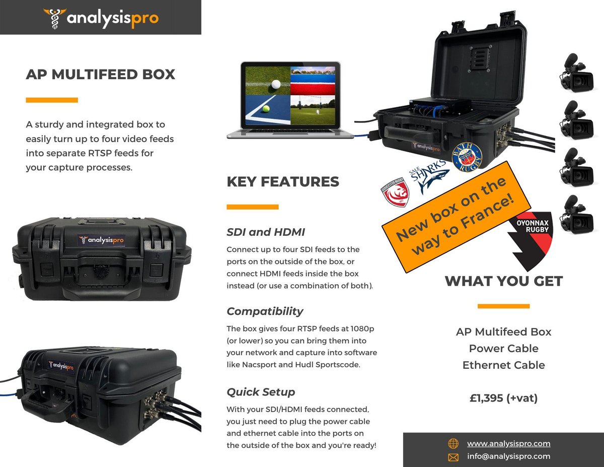 AnalysisPro's tweet image. Another #APMultifeed box packaged and on it&apos;s way to 🇫🇷 to enhance the #performanceanalysis capture processes of @OyonnaxRugby !

Perfect to take in multiple video feeds for your live #videoanalysis software capture

Also trusted by @gloucesterrugby @SaleSharksRugby @bathrugby