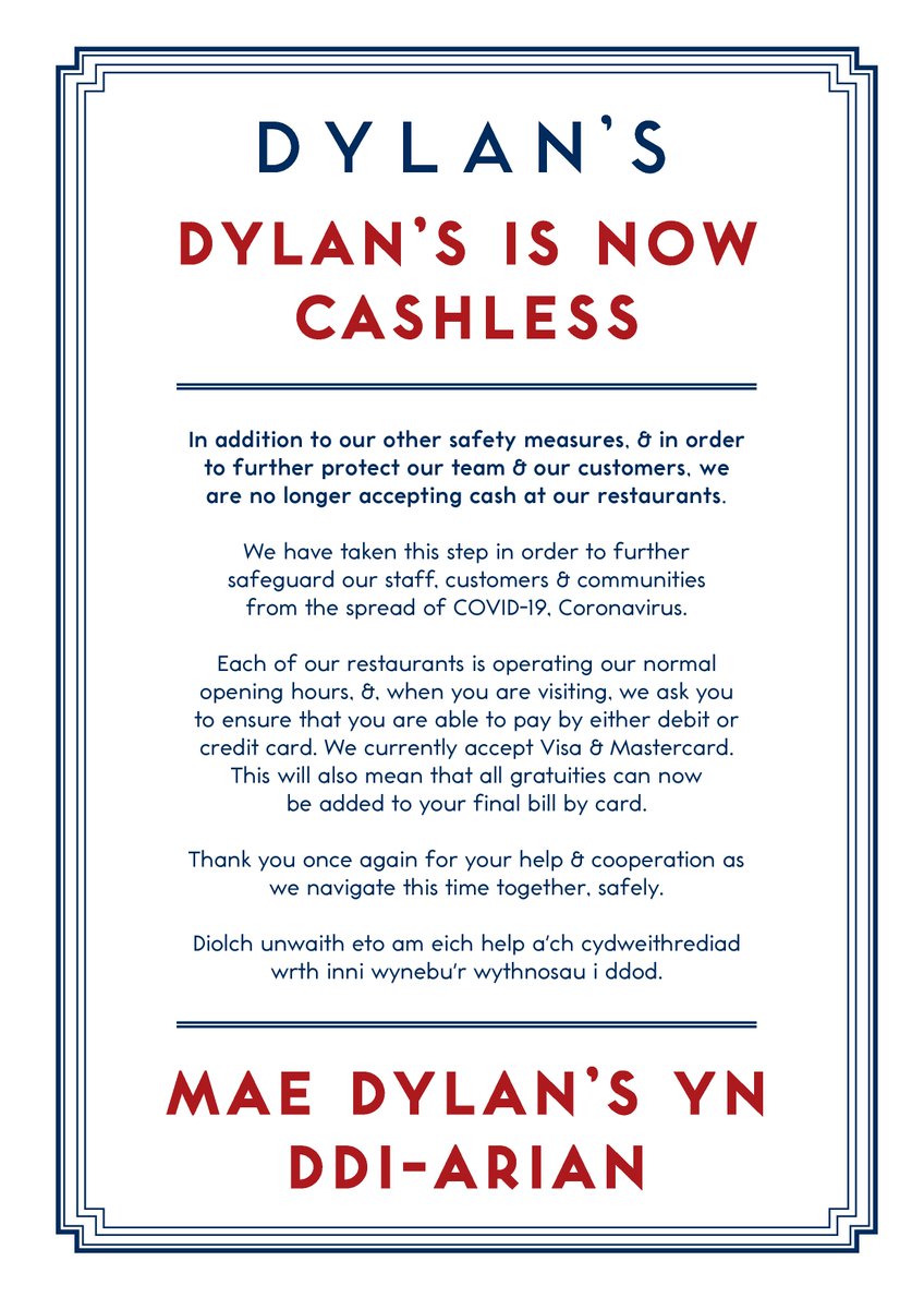 DylansNWales's tweet photo. A little reminder for you; Dylan's is Cashless. | Nodyn i'ch atgoffa'n gyflym; mae Dylan's yn ddi-arian. 💳

As part of our changes to service, and in the interests of everyone's safety and wellbeing, we went cashless back in March 2020.

Thank you! | Diolch i chi! https://t.co/YlYlFEa5Vr