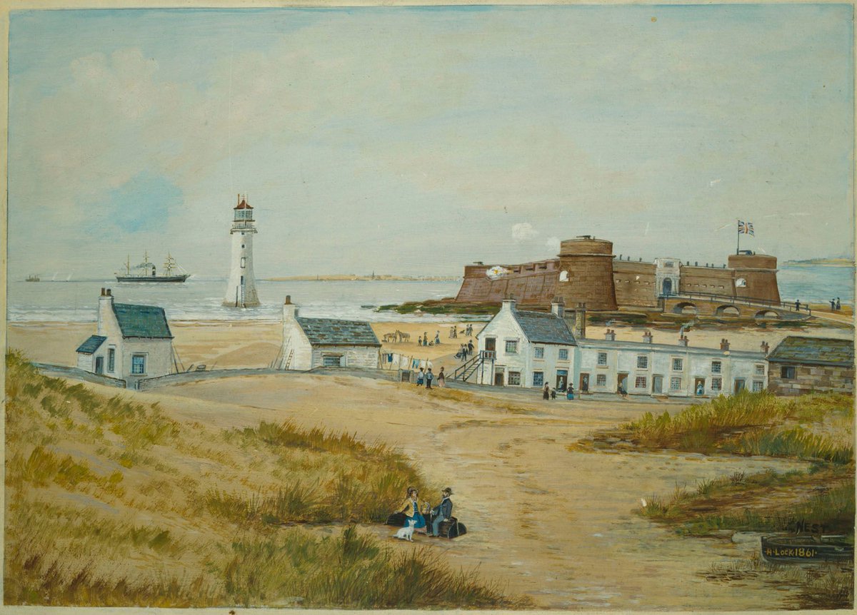 WilliamsonArt_'s tweet photo. “The Nest 1861, New Brighton Foreshore” Watercolour by H Locke – another wonderful painting rediscovered in our ongoing audit #newbrighton #wirral #localart #galleryarchives #localhistorymatters #wallasey #wirralhistory #newbrightonfort #Lighthouse #documentationproject https://t.co/bqDMLqhQDl