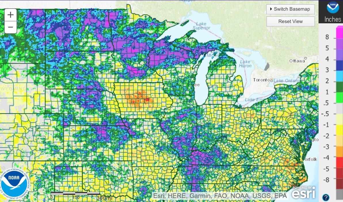 30 Day Departure from Normal Precip: Pretty obvious where the dome of dryness is across the corn belt. 

#corn 🌽 #soybeans 🌱 #wheat 🌾