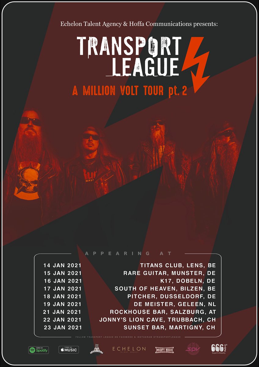 Swedish rockers Transport League will be on the road in January 2021 as part of the 'A Million Volt Tour pt.2'. ex #echelontalent #echelontalentagency #transportleague #livemusic #European #Tours https://t.co/4GmAVClF8q