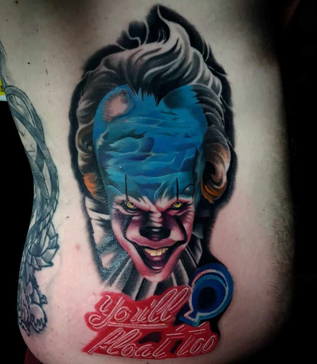startattooist's tweet photo. Had so much fun doing this epic #pennywise #itclown #tattoo on @Mightyj85453462 #ittattoo #youllfloattoo #colourtattoo #eternalink #fusionink #point2point #tattoostudio #erith #kent #southlondon #southeastlondontattoo https://t.co/JTOa0wLCsW