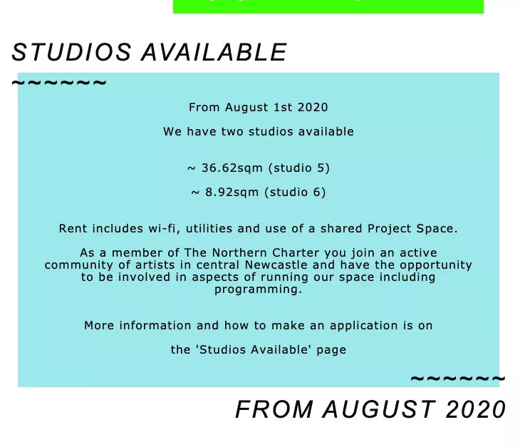 northrncharter's tweet photo. Join us! 〰️We have two studios available from 1st August  〰️See our page for more on how to apply https://t.co/tNC9owpG4R ⭐ Please share #studioavailable https://t.co/oiYy9J95gI