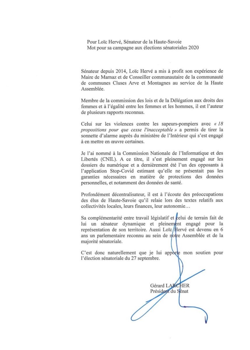 Merci à Gérard Larcher, Président du Sénat pour son soutien.

Il incarne avec force notre institution qui équilibre la #République et il connaît parfaitement notre département de la Haute-Savoie.

1/2 #Sénatoriales2020